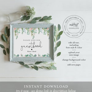 May include: A framed guestbook sign with the text "PLEASE SIGN OUR guestbook" and the names "Eloise + David". The sign has a floral design with pink and green accents. The words "INSTANT DOWNLOAD" are at the bottom.
