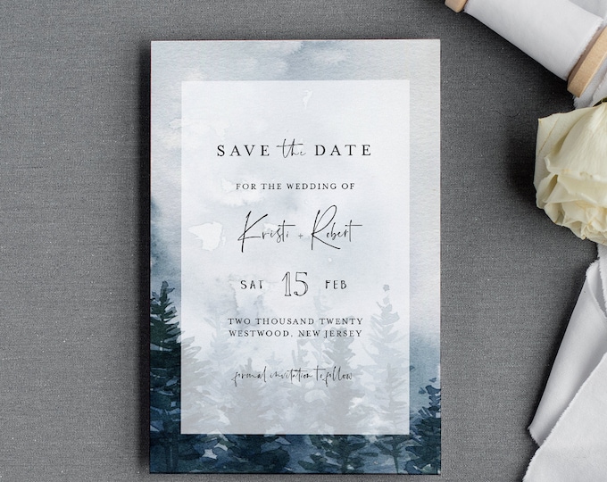 Winter Save the Date Template, Rustic Evergreen Pine Wedding Date Printable, Editable Text, Instant Download, Templett, 4x6 #070-168SD