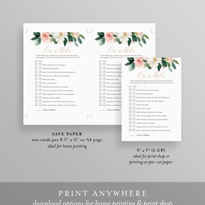 May include: Two printable bridal shower game cards with a floral design. The cards feature the text "Over or Under" and a list of questions about the bride and groom. The cards are designed for home printing and print shops.