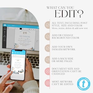 May include: A digital mockup of a blue and white baby shower invitation with a car theme. The invitation says "What can you edit?" and lists editable features such as text, background color, and images. The invitation also says "Most artwork can't be edited."