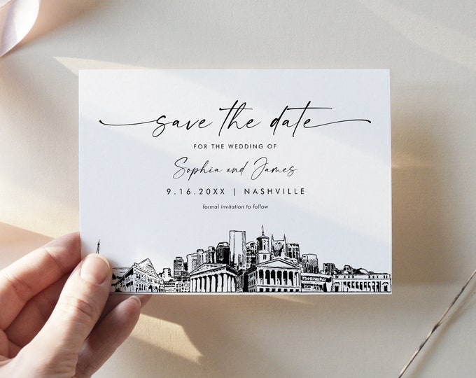 Nashville Skyline Save the Date, Destination Wedding Nashville Wedding Date, Editable Template, Instant Download, Templett, 5x7 #0047-212SD