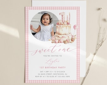 1st Birthday Party Invitation, Birthday Cake, Photo First Birthday Card, Girl, Editable Template, Instant Download, Templett #0064-144BD