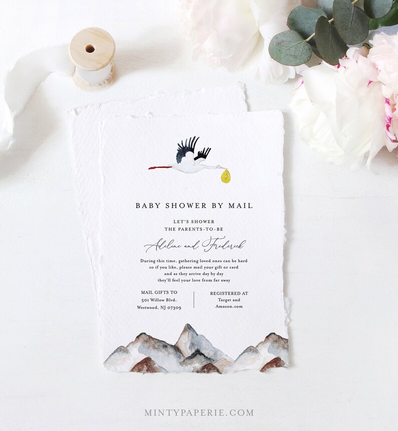 May include: A baby shower by mail invitation with a watercolor illustration of a stork carrying a yellow egg. The invitation includes the text "Baby Shower by Mail", "Let's Shower the Parents-to-be", "Aleline and Frederek", "During this time, gathering loved ones can be hard so if you like, please mail your gift or card and as they arrive day by day they'll feel your love from far away", "Mail Gifts To 501 Willow Blvd. Westwood, NJ 07309", "Registered At Target and Amazon.com", and "MintyPaperie.com".