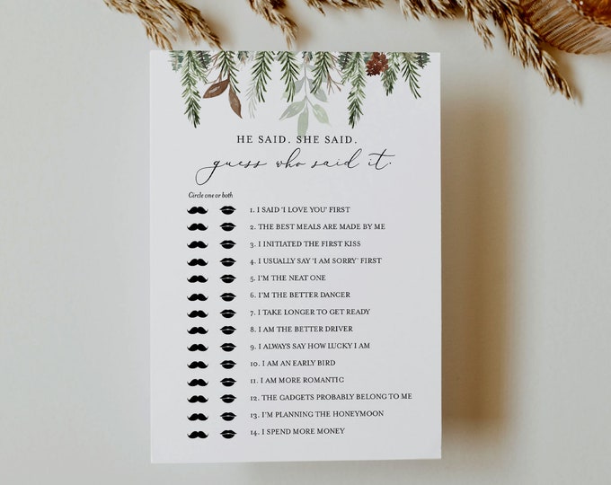 He Said She Said Bridal Shower Game, Guess Who Said It, Winter Pine Bridal Game, Editable Template, Instant Download, Templett #0017-341BG