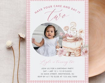 2nd Birthday Party Invitation, Have Your Cake and Eat it Two, Photo Invite, Girl, Editable Template, Instant Download, Templett #0064-144BD