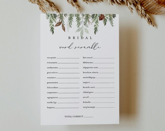 Word Scramble Bridal Shower Game Template, Printable Winter Pine Greenery Bridal Shower Puzzle, Instant Download, Templett #0017-346BG