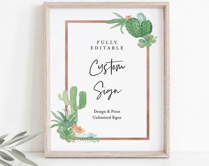 Cactus Custom Sign Template, Succulent Greenery Wedding or Bridal Shower Table Sign, Create Any Sign, INSTANT DOWNLOAD, Templett #086-146CS