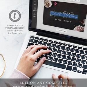 May include: A laptop computer screen displaying a wedding table number template with a floral design. The template is editable and features the text "Elizabeth Williams" and "Table Twelve".