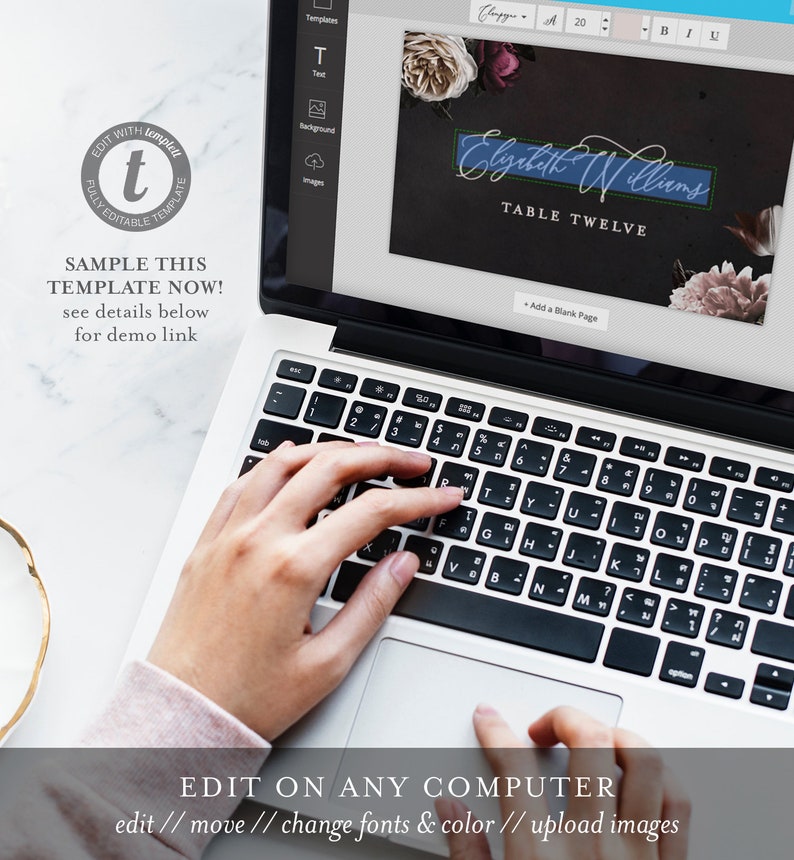 May include: A laptop computer screen displaying a wedding table number template with a floral design. The template is editable and features the text "Elizabeth Williams" and "Table Twelve".