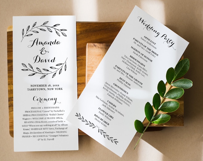 Rustic Wedding Program Template, Instant Download, Order of Service, Printable Wedding Ceremony Program, Editable, Laurel Leaves #NC-203WP