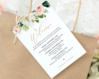 Welcome Bag Tag, Boho Blush Floral Welcome Letter and Itinerary Template, Printable Order of Events, INSTANT DOWNLOAD, Templett #043-105WBT
