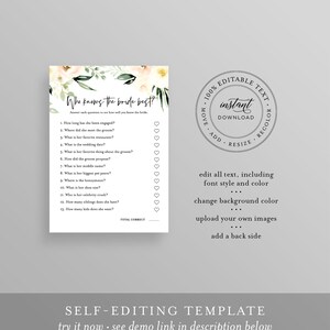 Who Knows the Bride Best, Bridal Shower Game, Instant Download, Editable Template, Printable How Well Do You Know the Bride, DIY #076-182BG image 2