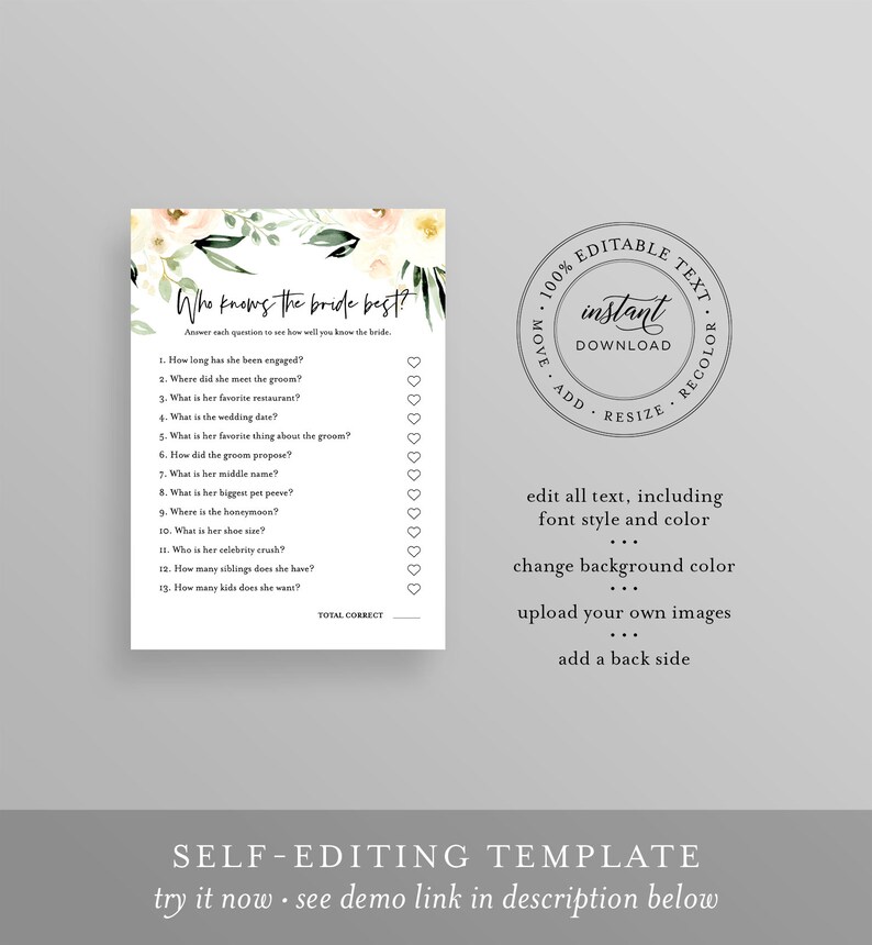 Who Knows the Bride Best, Bridal Shower Game, Instant Download, Editable Template, Printable How Well Do You Know the Bride, DIY #076-182BG image 2