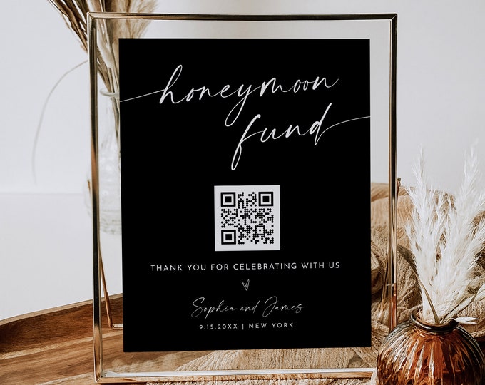 Honeymoon Fund Sign, Venmo Honeymoon Wish, Wedding Cash Gift, Minimalist, Classic Black, Editable Template, Templett, 8x10 #0034B-07S