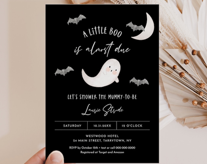 Halloween Baby Shower Invitation, A Little Boo Almost Due, Baby Boo, Ghost, Spooky, Editable Template, Instant Download, Templett #066-227BA