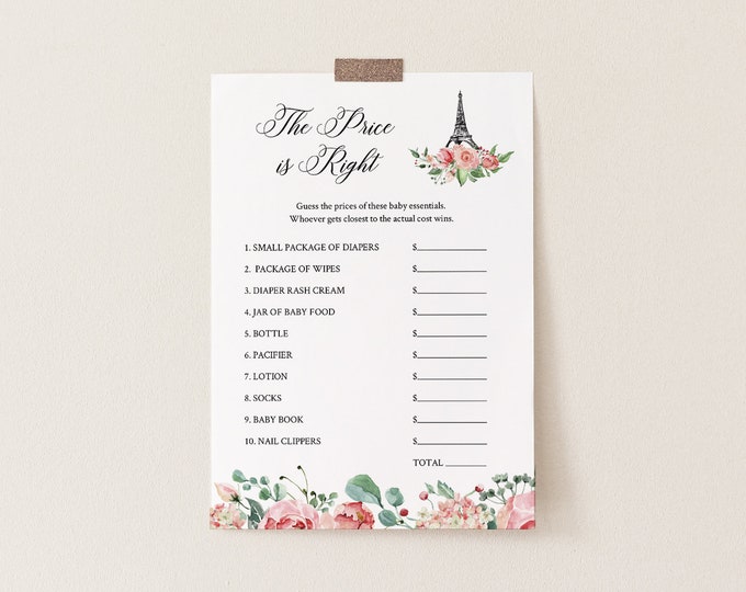 The Price Is Right Game, Paris Baby Shower Game Template, Eiffel Tower, Printable, Editable Text, Instant Download, Templett #001-247BASG