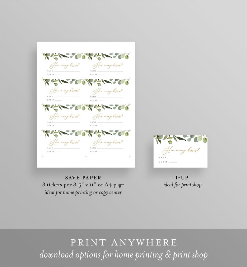 How Many Kisses Bridal Shower Game, Hershey Kisses Game, Greenery Bridal Shower Printable, Sign & Ticket, Instant Download #056-219BG image 3