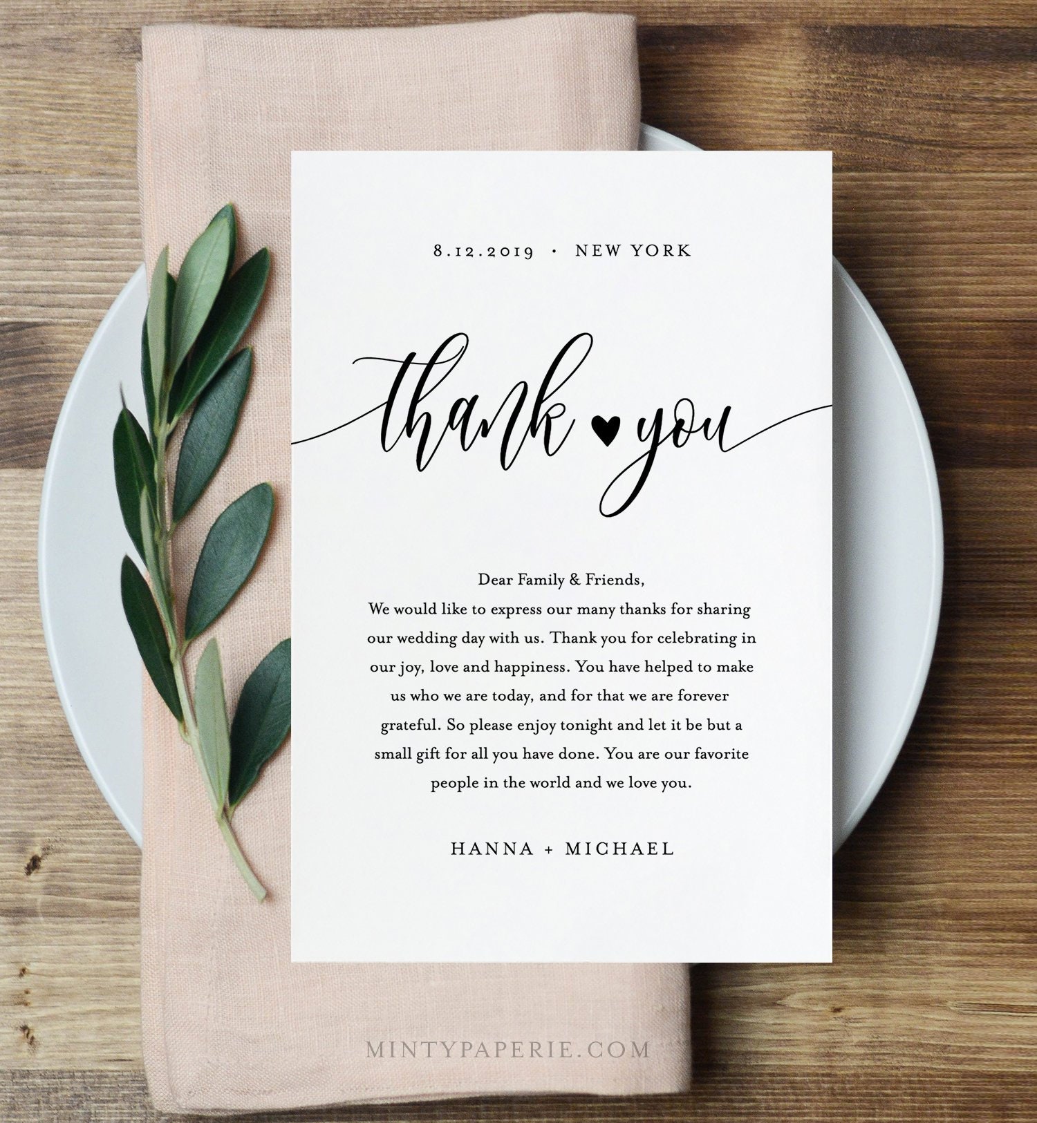 Thank You Note Template, Rustic Wedding In Lieu of Favor ...