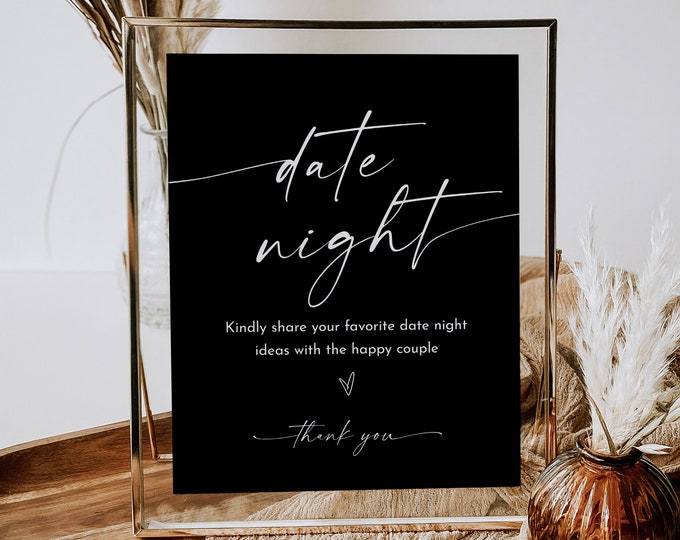 Date Night Ideas, Date Jar, Classic Black Wedding, Bridal Shower, Editable, Instant Download, Templett, 8x10 Sign, 3.5x5 Card #0034B-132AC