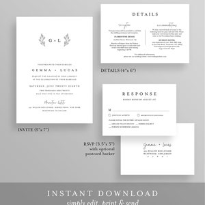 Minimalist Wedding Suite, Simple, Elegant, Clean Wedding Invitation, RSVP, Detail, Editable Template, Instant Download, Templett #095B image 2