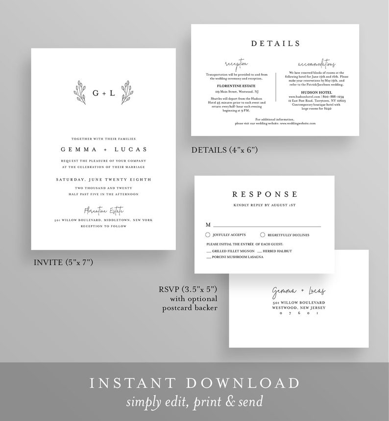 Minimalist Wedding Suite, Simple, Elegant, Clean Wedding Invitation, RSVP, Detail, Editable Template, Instant Download, Templett #095B image 2