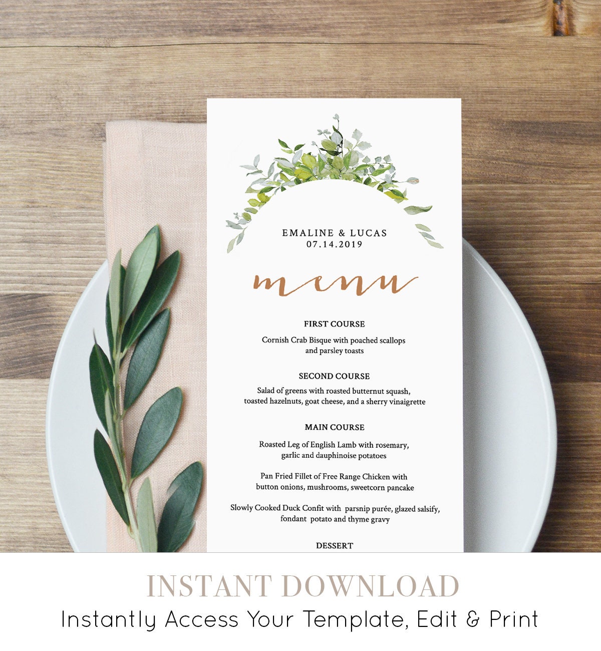 watercolour Editable pdf DIY Printable Decorations Event Menu INSTANT DOWNLOAD Templett Wedding Menu gold foil Food Menu