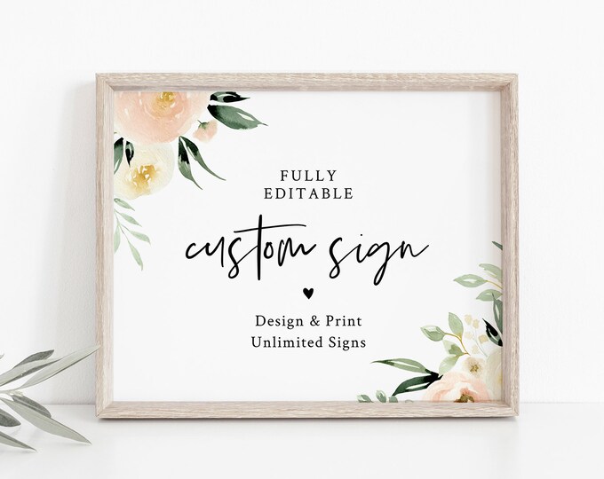 Greenery Custom Sign Template, Wedding or Bridal Shower Table Top Sign, Create Any Sign, INSTANT DOWNLOAD, Templett, 5x7, 8x10 #076-131CS