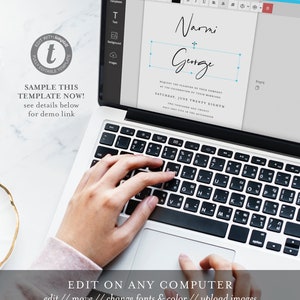 May include: A laptop computer with a white screen displaying a wedding invitation template. The template features the names "Narni + George" in a handwritten font. The text on the screen reads "Request the pleasure of your company at the celebration of their marriage Saturday, June Twenty Eighth Two Thousand and Twenty Half past Five in the afternoon". The laptop keyboard is visible with a hand typing on it.