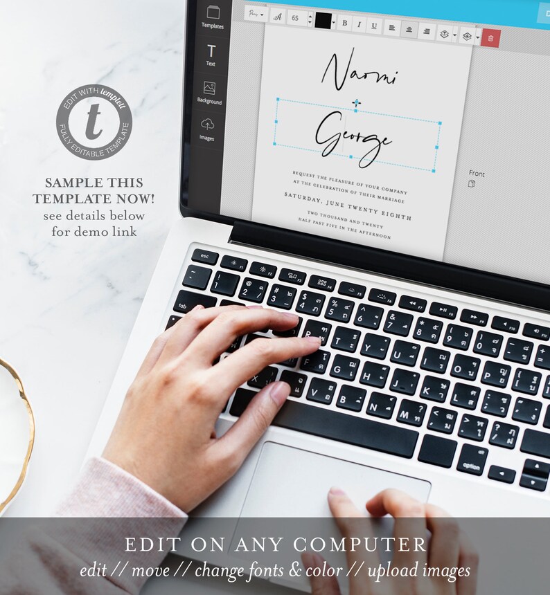 May include: A laptop computer with a white screen displaying a wedding invitation template. The template features the names "Narni + George" in a handwritten font. The text on the screen reads "Request the pleasure of your company at the celebration of their marriage Saturday, June Twenty Eighth Two Thousand and Twenty Half past Five in the afternoon". The laptop keyboard is visible with a hand typing on it.