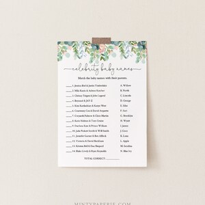 May include: A printable game with a floral border. The game asks players to match celebrity couples with their baby's names. The names include Jessica Biel & Justin Timberlake, Mila Kunis & Ashton Kutcher, Chrissy Teigen & John Legend, Beyonc&eacute; & JAY-Z, Kim Kardashian & Kanye West, Courteney Cox & David Arquette, Gwyneth Paltrow & Chris Martin, Katie Holmes & Tom Cruise, Duchess Kate & Prince William, Jada Pinkett Smith & Will Smith, Jennifer Garner & Ben Affleck, Victoria & David Beckham, Kristen Bell & Dax Shepard, and Blake Lively & Ryan Reynolds.