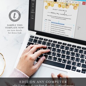 May include: A laptop computer displaying a baby shower game template with a honeycomb pattern and a bee graphic. The game is called "Over or Under" and asks guests to guess whether the numbers in the statements are over or under the correct numbers. The text "Edit on any computer" is displayed below the laptop.