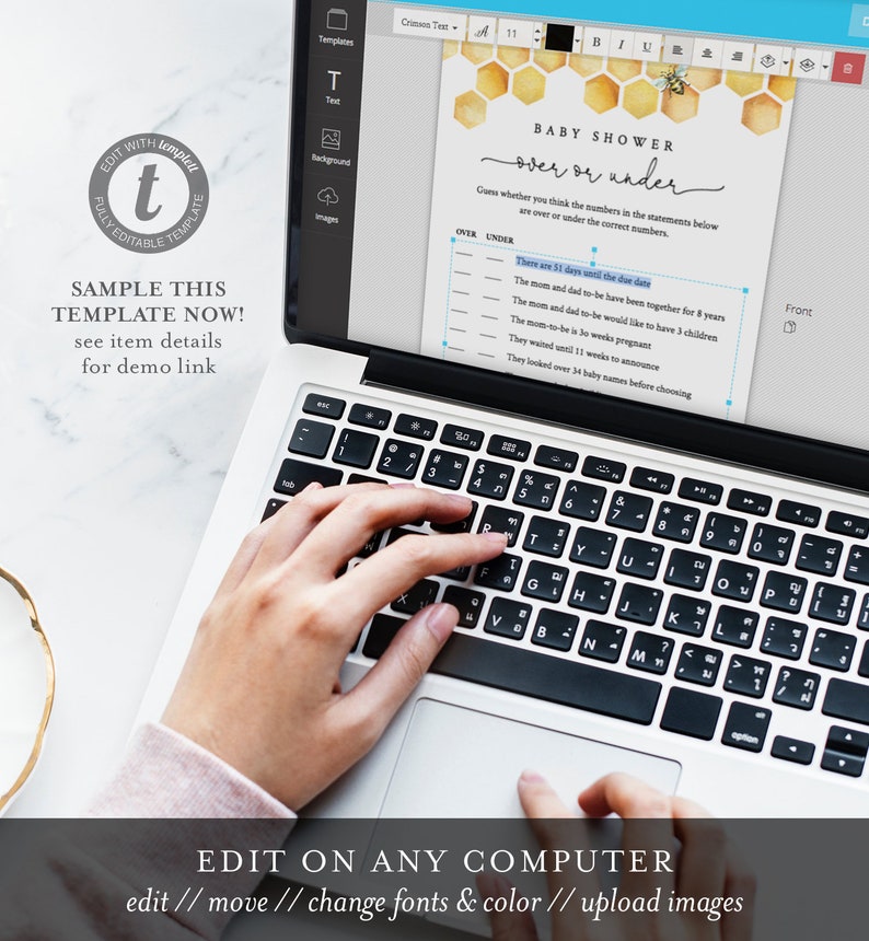 May include: A laptop computer displaying a baby shower game template with a honeycomb pattern and a bee graphic. The game is called "Over or Under" and asks guests to guess whether the numbers in the statements are over or under the correct numbers. The text "Edit on any computer" is displayed below the laptop.