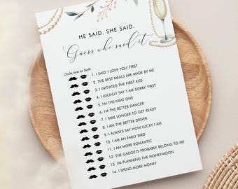 Guess Who Said It Game, Pearls and Prosecco Bridal Shower Game, Champagne, Editable Template, Instant Download, Templett, 5x7 #0065-05BRG