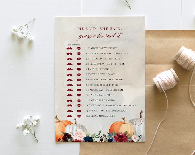 He Said She Said Bridal Shower Game, Guess Who Said It, Pumpkin Fall Bridal Game, Editable Template, Instant Download, Templett #072A-329BG