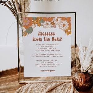 Message from the Bump Sign, Groovy Retro Baby Shower Template, Editable Message from Baby, Printable, Instant Download, Templett #050-01S