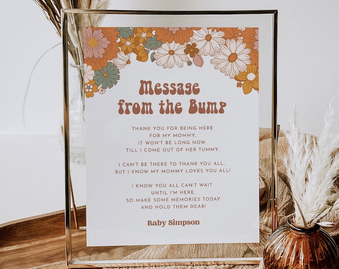 Message from the Bump Sign, Groovy Retro Baby Shower Template, Editable Message from Baby, Printable, Instant Download, Templett #050-01S