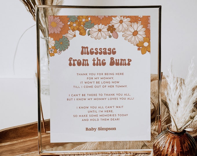 Message from the Bump Sign, Groovy Retro Baby Shower Template, Editable Message from Baby, Printable, Instant Download, Templett #050-01S