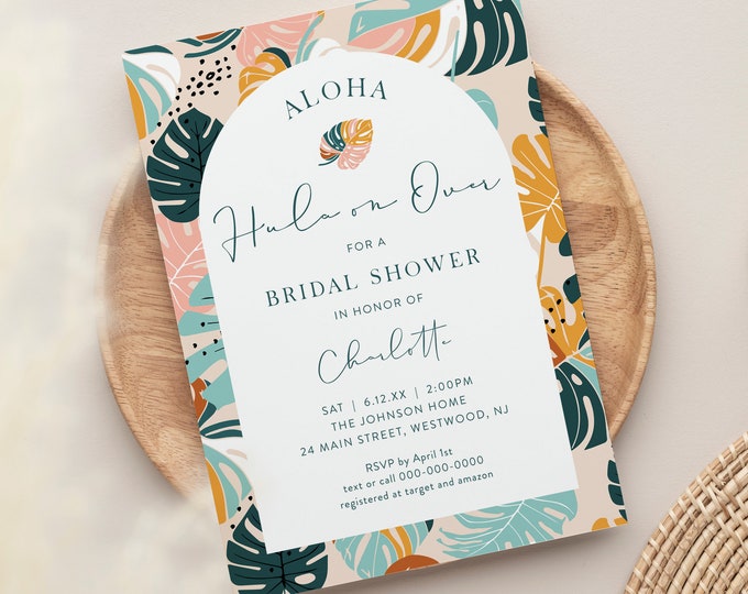 Aloha Bridal Shower Invitation Template, Tropical Hawaiian Luau Bridal Theme Invite, Hula on Over, Editable, Templett #0043-345BS