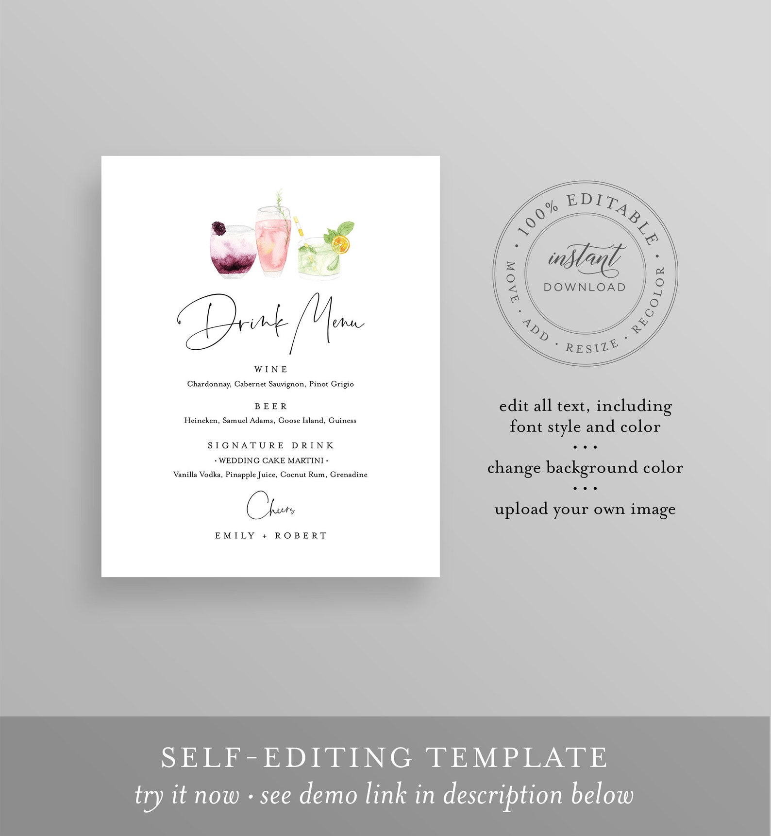 Drink Menu Sign Editable Wedding Bar Menu Template Printable | Etsy