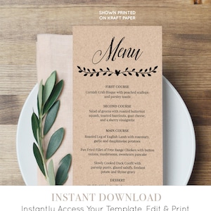Plantilla de tarjeta de menú imprimible, Menú de cena de boda rústica, Plantilla totalmente editable, Descarga instantánea, Digital, DIY, Kraft #NC-106WM