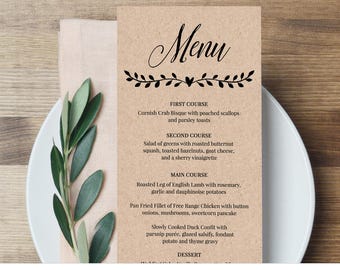 Printable Menu Card Template, Rustic Wedding Dinner Menu, Fully Editable Template, Instant Download, Digital, DIY, Kraft #NC-106WM
