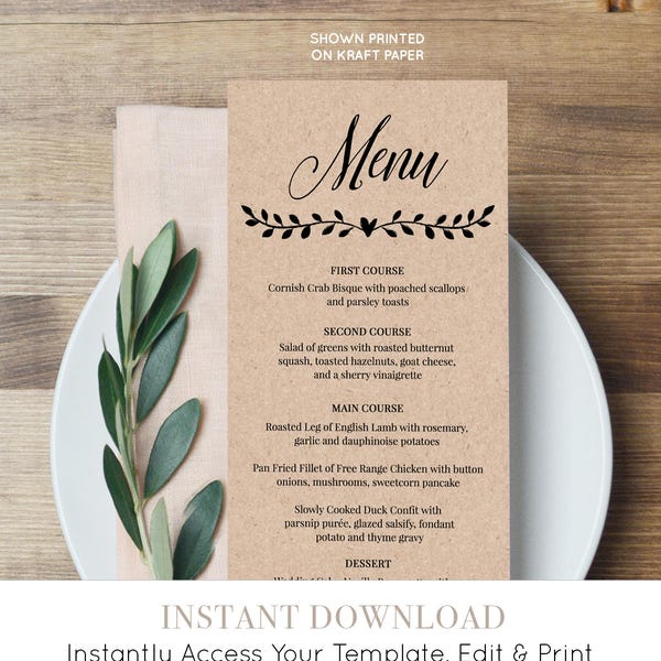 Printable Menu Card Template, Rustic Wedding Dinner Menu, Fully Editable Template, Instant Download, Digital, DIY, Kraft #NC-106WM