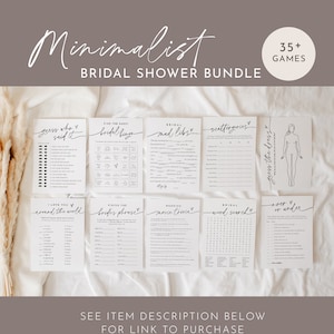 May include: A set of printable bridal shower games with minimalist black and white designs. The games include "Guess Who Said It", "Find the Guest", "Bridal Mad Libs", "Scattergories", "Guess the Dress", "I Love You Around the World", "Finish the Bride's Phrase", "Wedding Movie Trivia", "Bridal Word Search", and "Over or Under".