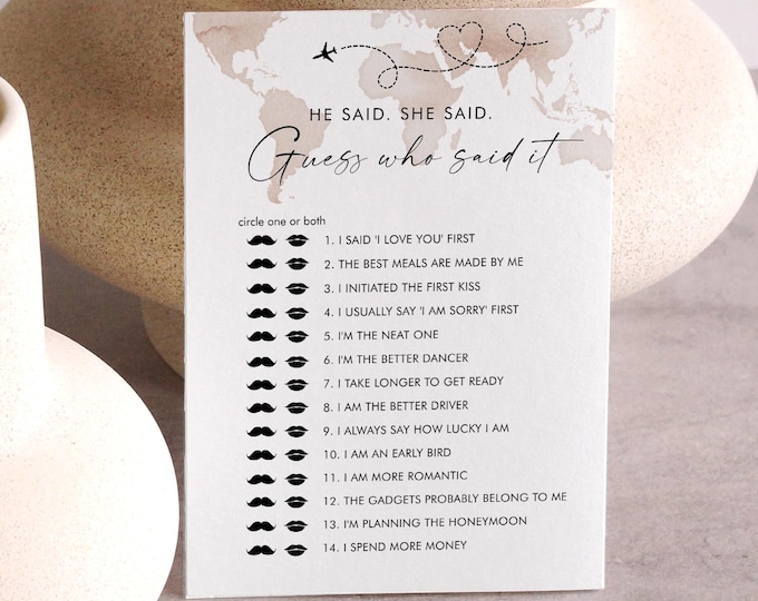 Travel Theme Guess Who Said It Game, World Map Bridal Shower Game, Editable Template, Instant Download, Templett, 5x7 #0039-05BRG
