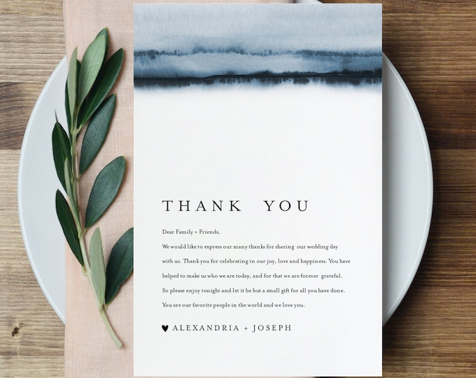 Minimalist Thank You Letter, Napkin Note, Printable Wedding Menu Thank You, Editable Template, Instant Download, Templett, 4x6 #093A-134TYN