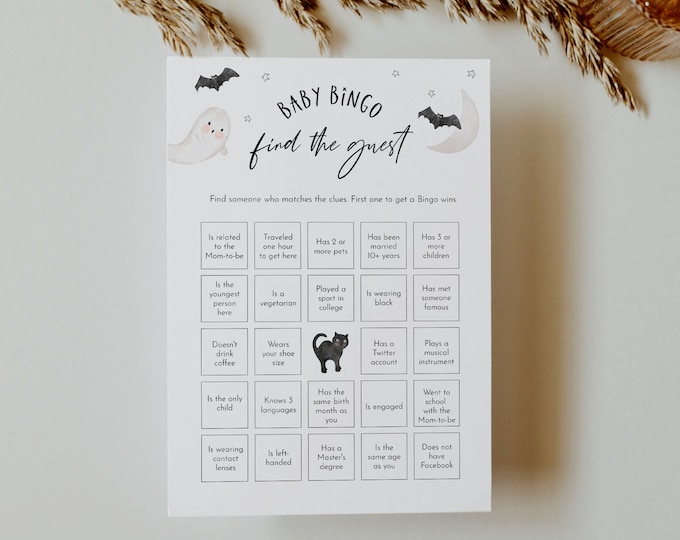 Halloween Find the Guest Bingo Game, Fall Baby Shower Bingo, Printable, Editable Template, Instant Download, Templett, 5x7 #066-381BASG