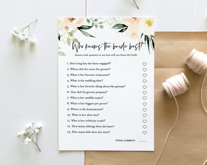 Who Knows the Bride Best, Bridal Shower Game, Instant Download, Editable Template, Printable How Well Do You Know the Bride, DIY #076-182BG