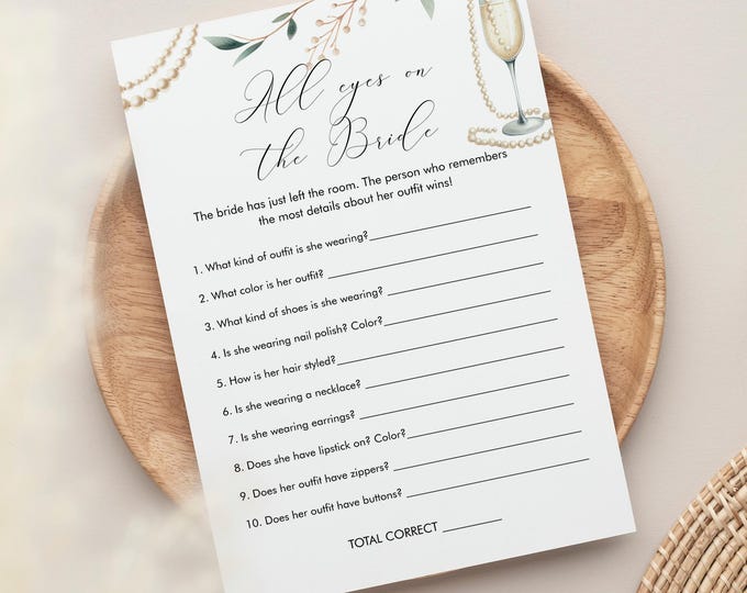 All Eyes on the Bride Game, Pearls and Prosecco Bridal Shower Game, Guess the Brides Outfit, Editable Template, Templett, 5x7 #0065-17BRG