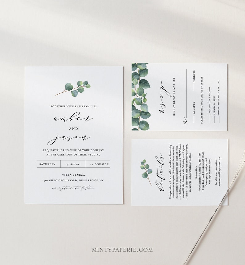 Eucalyptus Wedding Invitation Set, Greenery, Printable Invite, RSVP, Details, Instant Download, 100% Editable Template, DIY, Templett 036A image 8