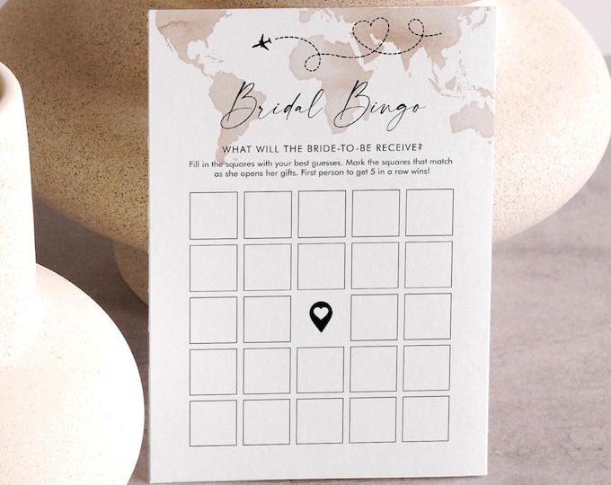 Travel Theme Bridal Bingo Game, World Map Bridal Shower Game Printable, Editable Template, Instant Download, Templett, 5x7 #0039-01BRG